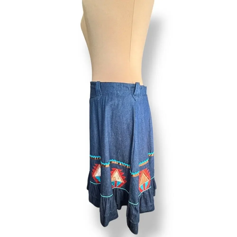 Vintage Handmade Southwest Denim Skirt Tiered Ruffle Hem‎ Abstract Art Appliqué